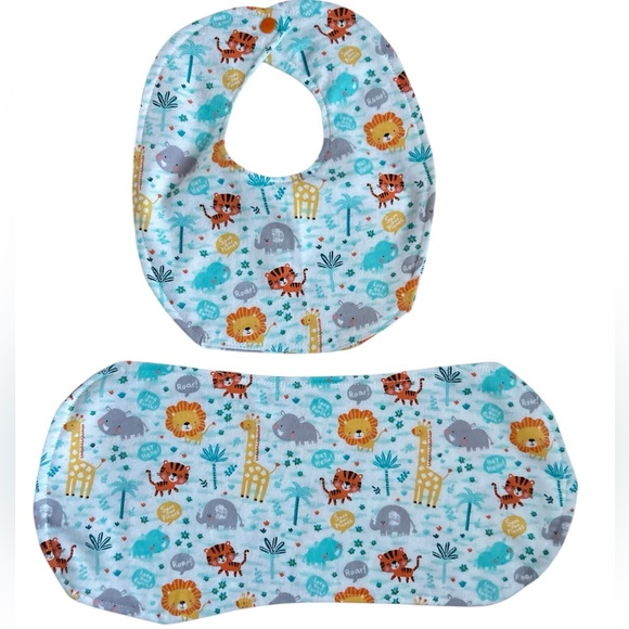 Hand Crafted Other - Hand Crafted Newborn Gift Set Bib and Burpcloth Soft Flannel Zoo Animals Theme